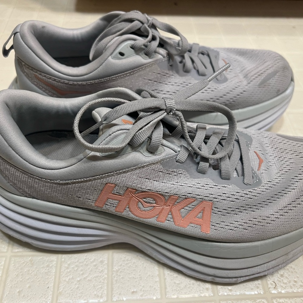 Hoka Light Gray and Coral Sneakers